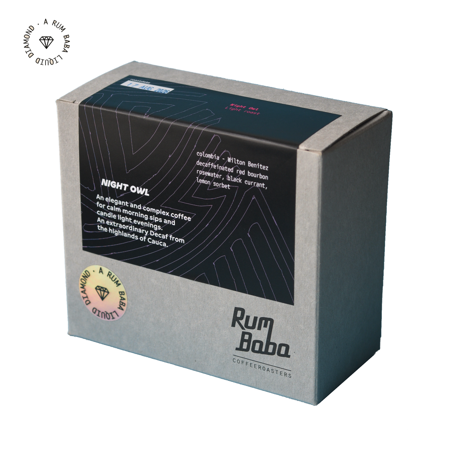 Rum Baba Colombia Night Owl decaf coffee beans, 200 g bag